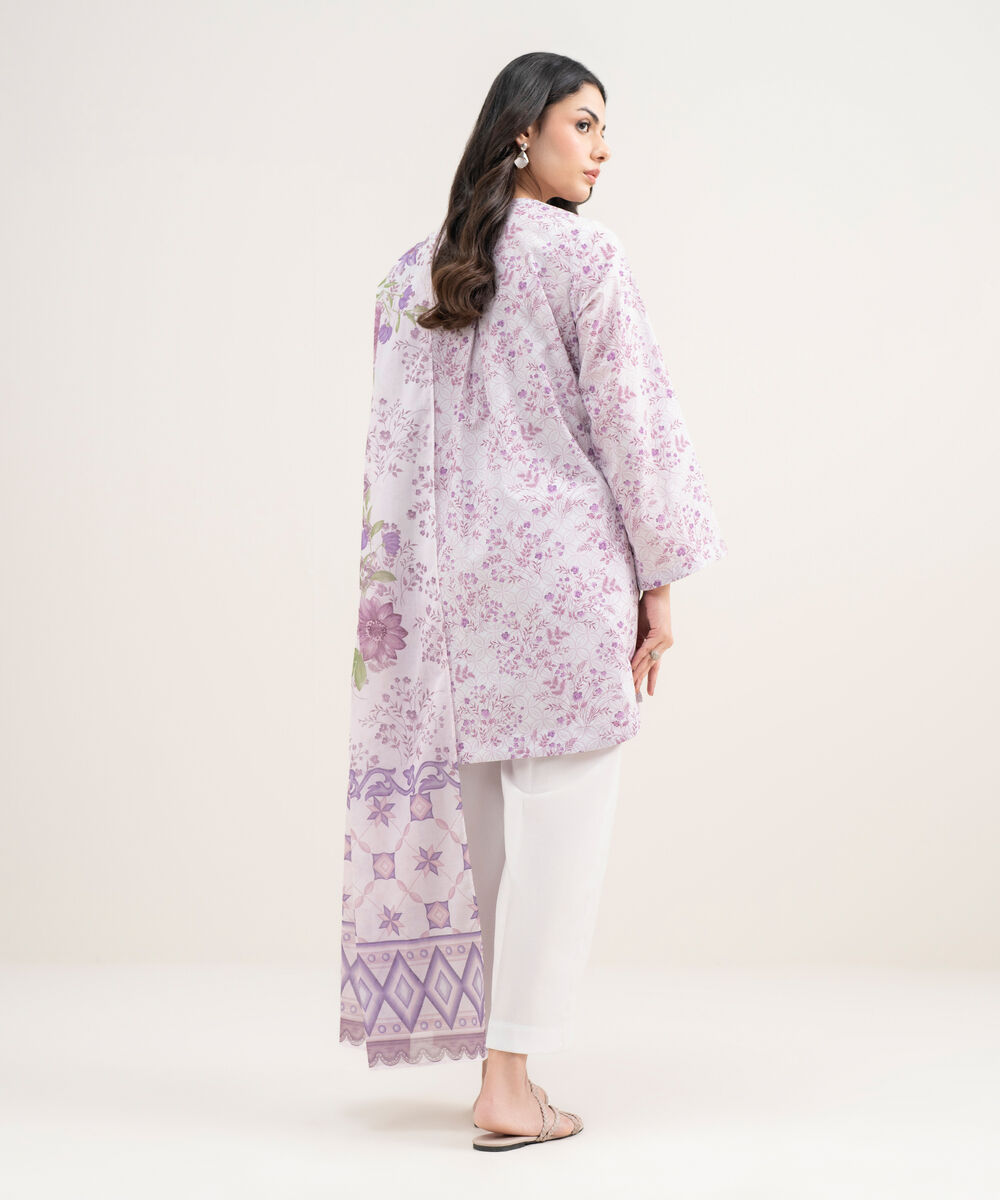 Women's RTW Cambric Printed Purple 3 Piece Suit