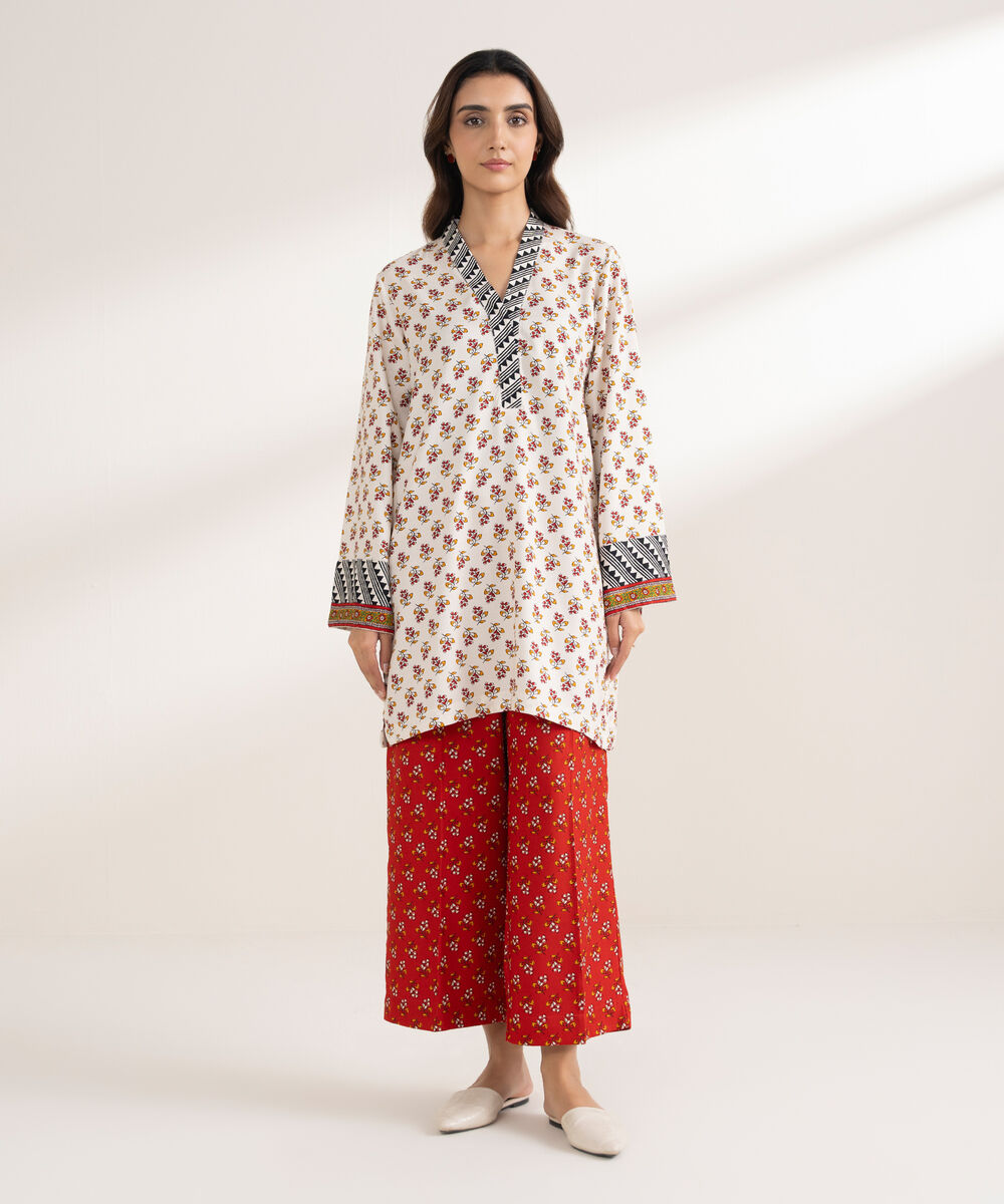Women's RTW Arabic Dobby Printed Straight Off White Shirt