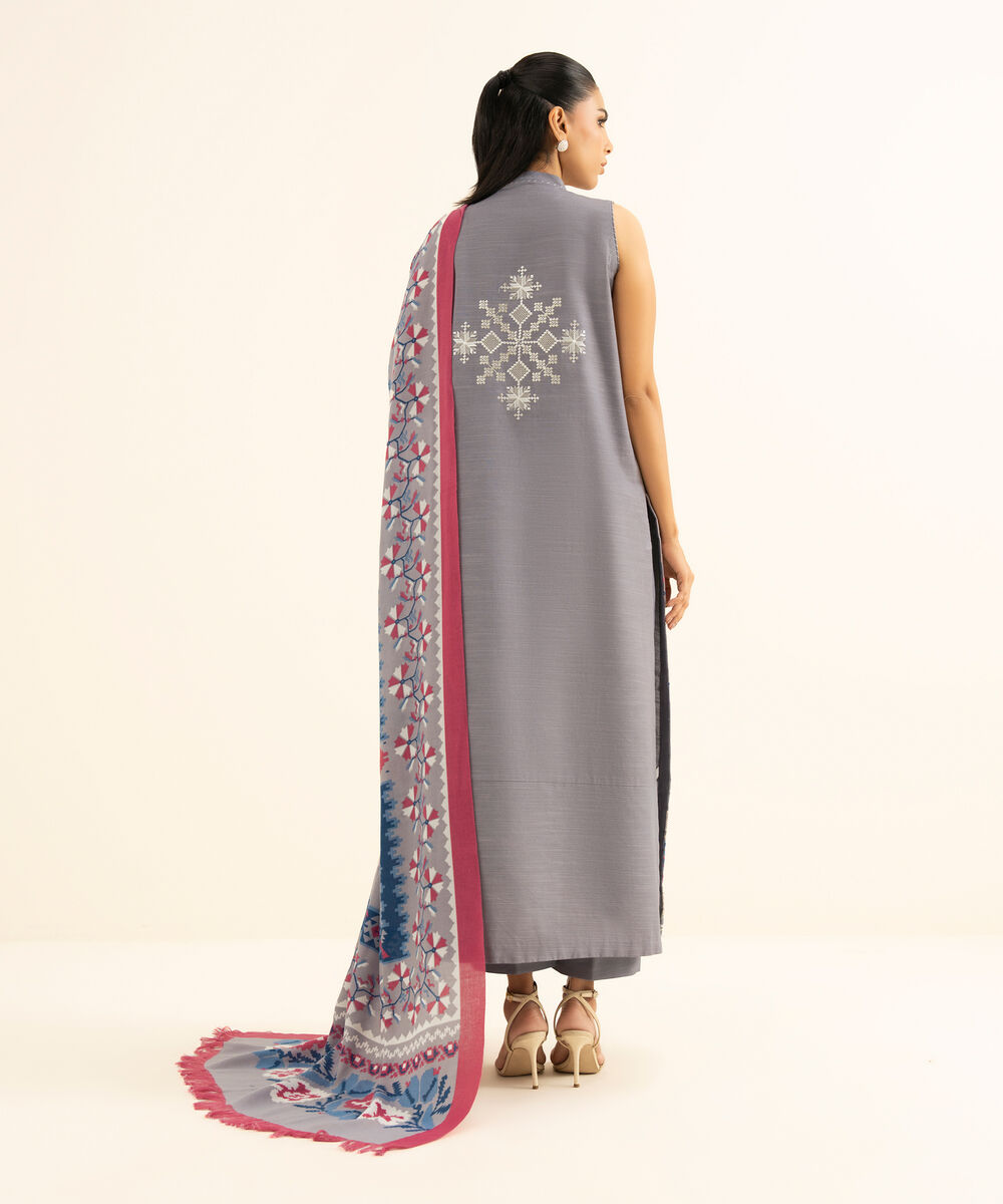 Women's Unstitched Twill Embroidered Grey 3 Piece Suit