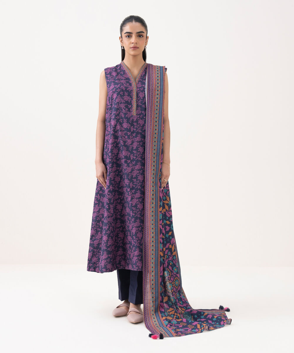 Women's Unstitched Light Khaddar Printed Purple 3 Piece Suit