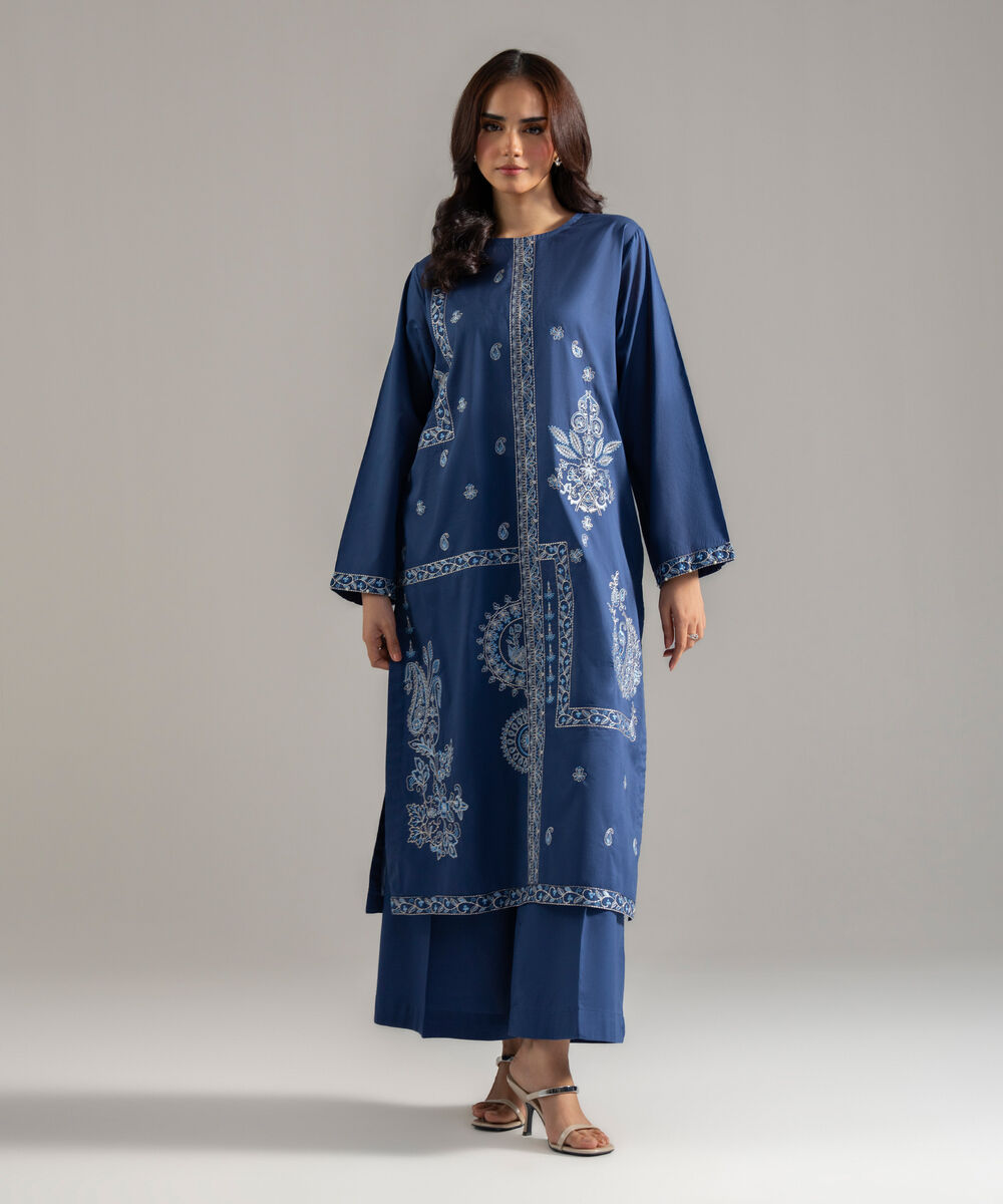 Women's RTW Lawn Solid Embroidered Dark Blue Straight Shirt