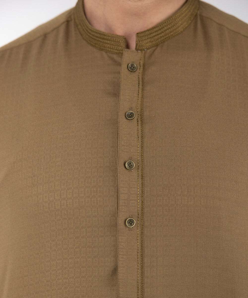 Men's Stitched Kurta Brown Embroidered Jacquard Kurta