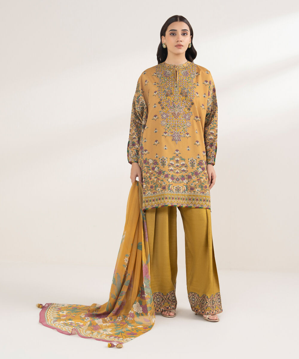 Women's Unstitched Blended Grip Silk Printed Yellow 3 Piece Suit