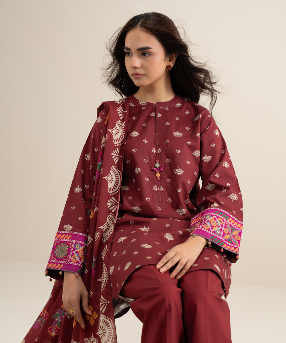 Women's Unstitched Lawn Printed Red 3 Piece Suit