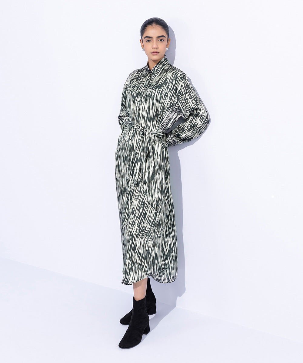 Silky Printed Dress with Belt Woman - Multi Silky Printed Dress with Belt