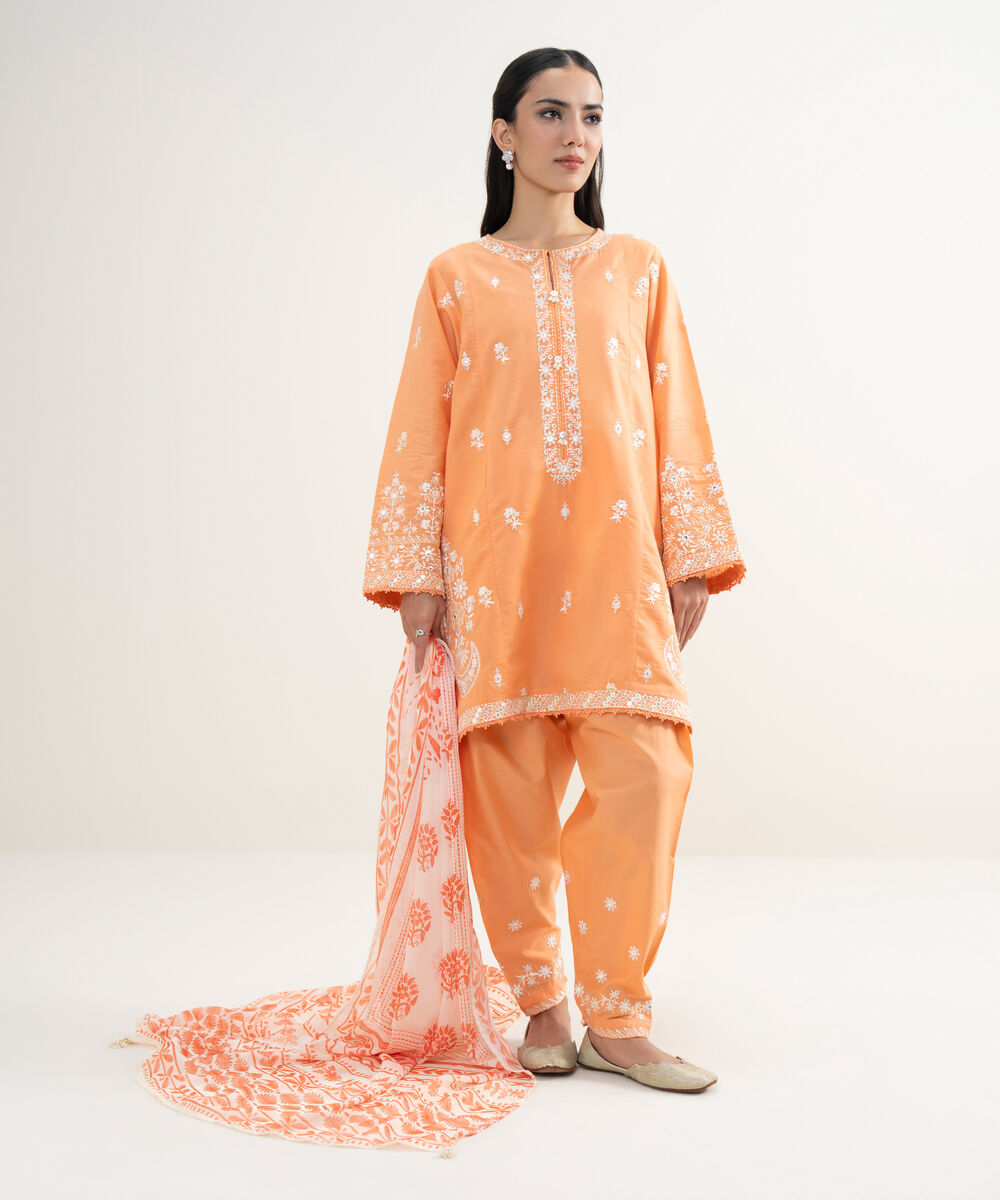 Women's RTW Zari Cotton Embroidered Cream White 3 Piece Suit