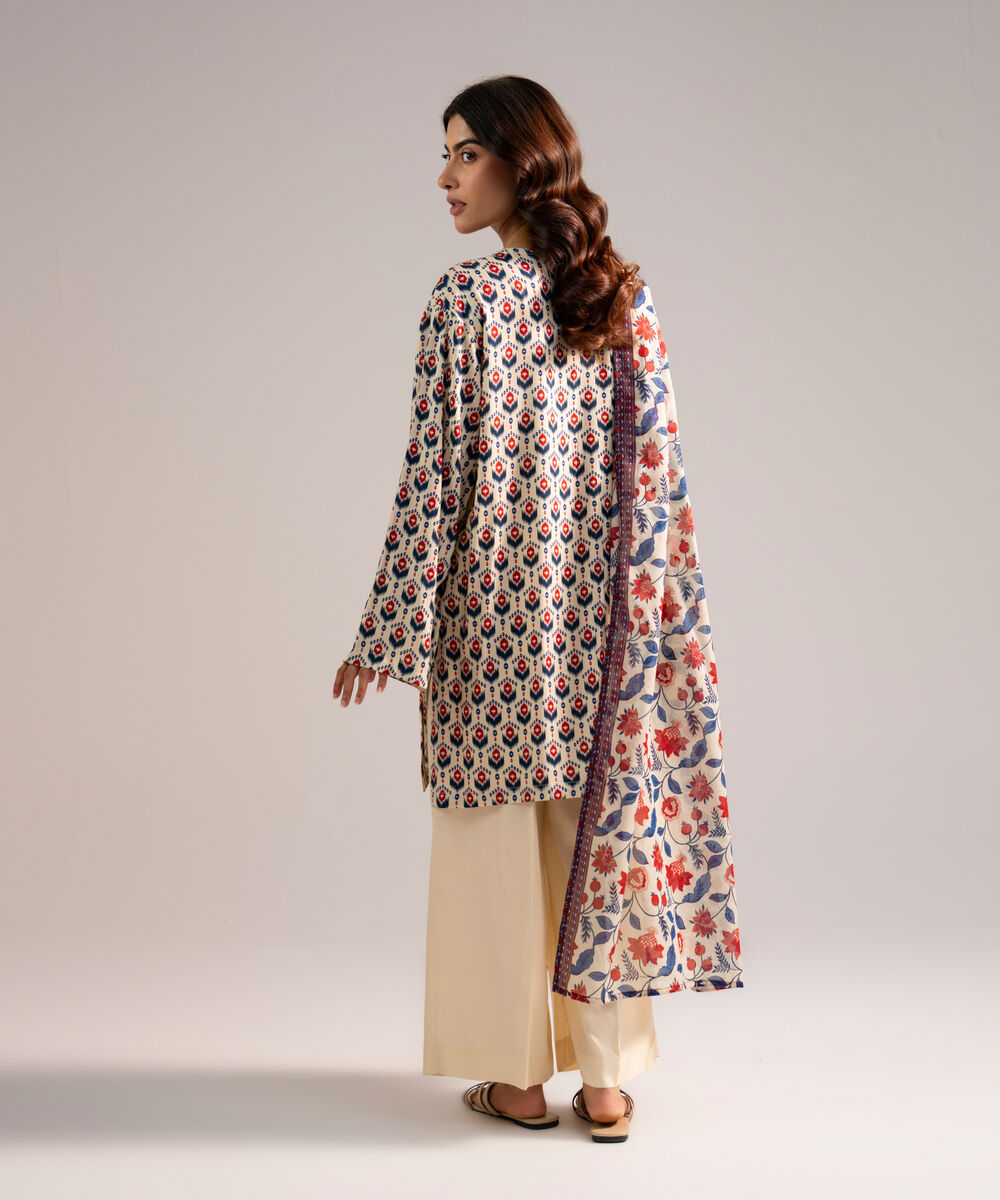 Women's RTW Arabic Lawn Printed Off White 3 Piece Suit