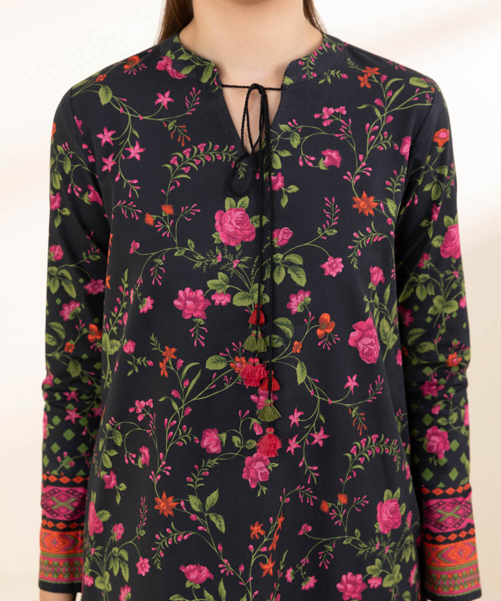 Unstitched Women's Printed Lawn Black Two Piece Suit