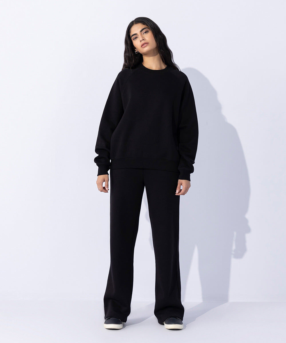 Woman - Black Fleece Sweatshirt with Raglan Sleeves