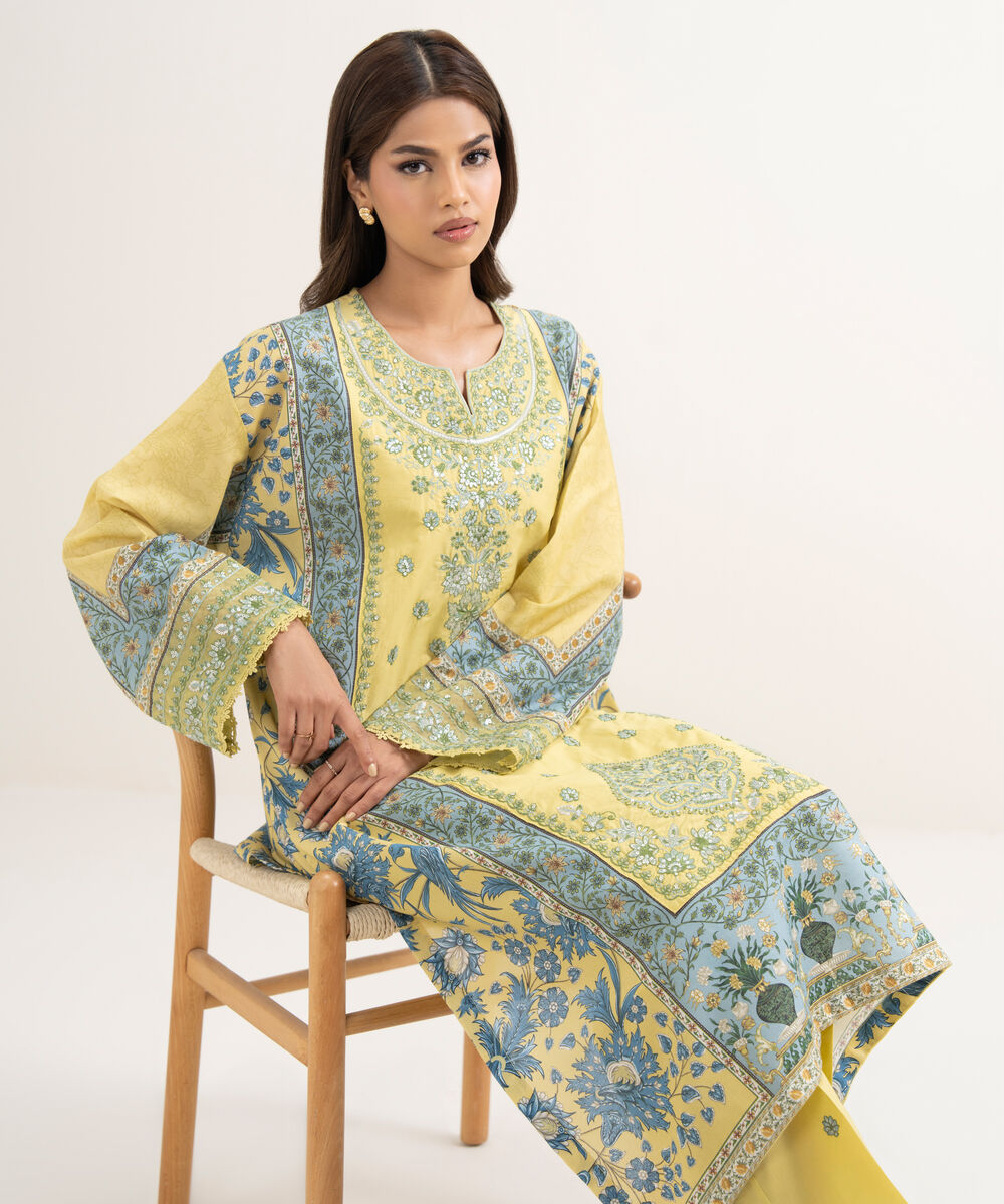 Women's RTW Zari Cotton Embroidered Yellow A-Line Shirt