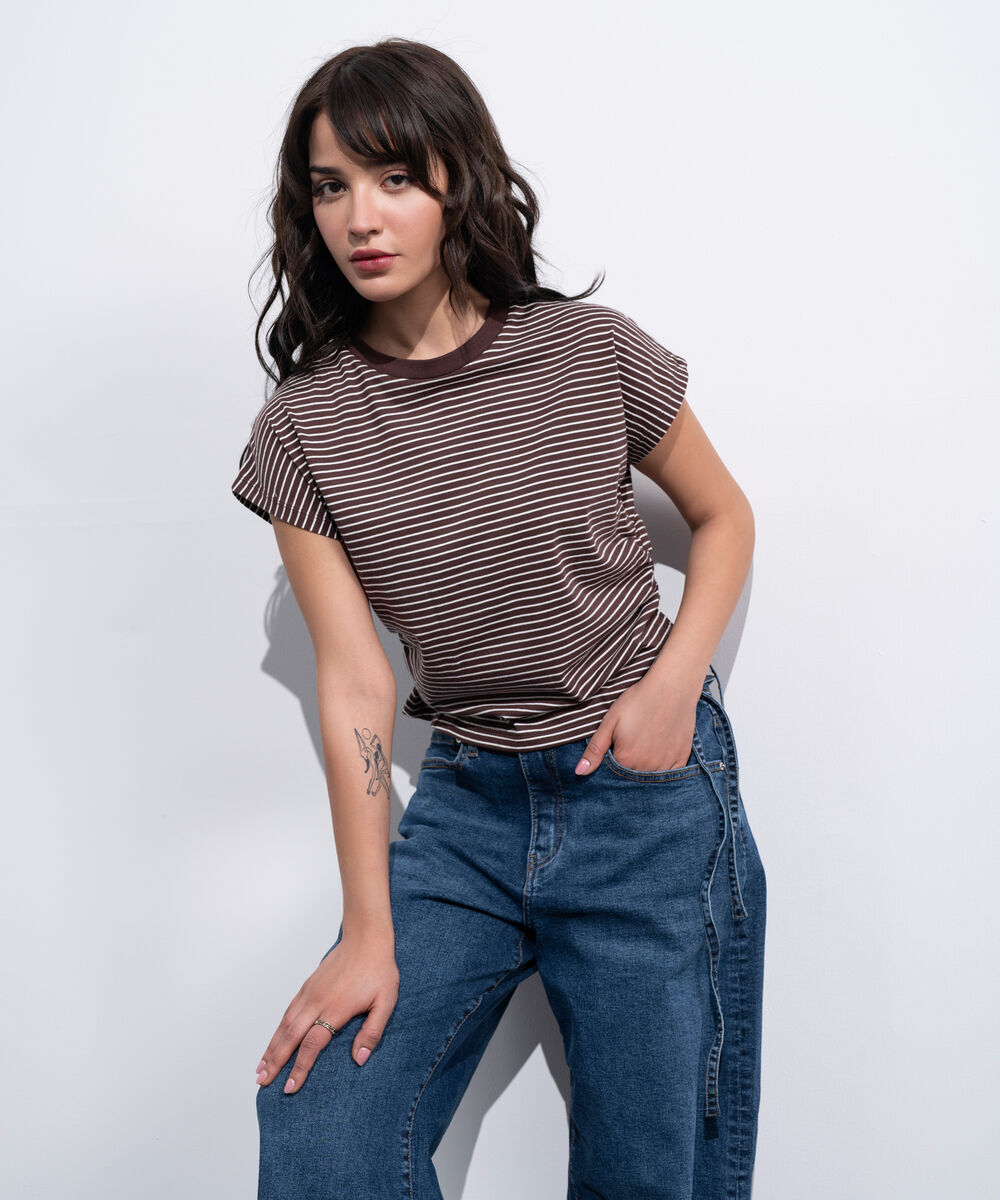 Women's Western Brown And White Yarn Dyed Waist Cinched T-Shirt