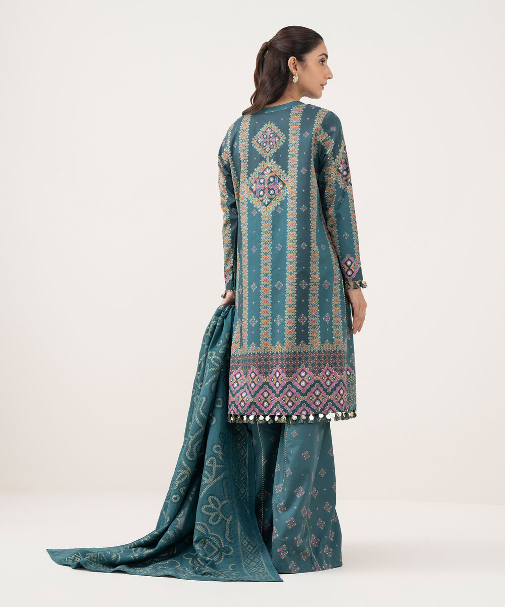 Women's Unstitched Fine Cotton Satin Embroidered Green 3 Piece Suit