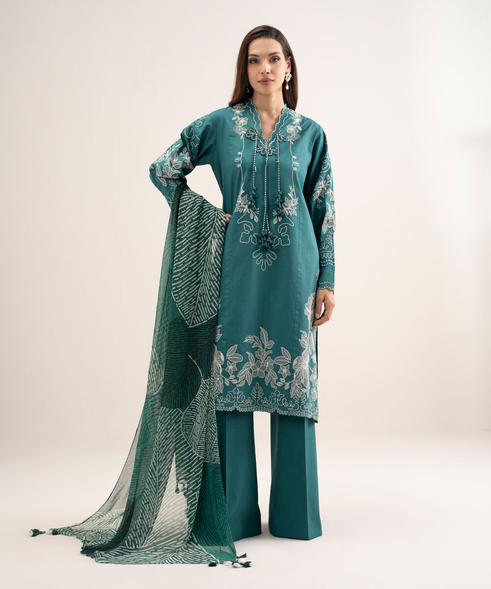 Women's Unstitched Textured Lawn Embroidered Green 3 Piece Suit