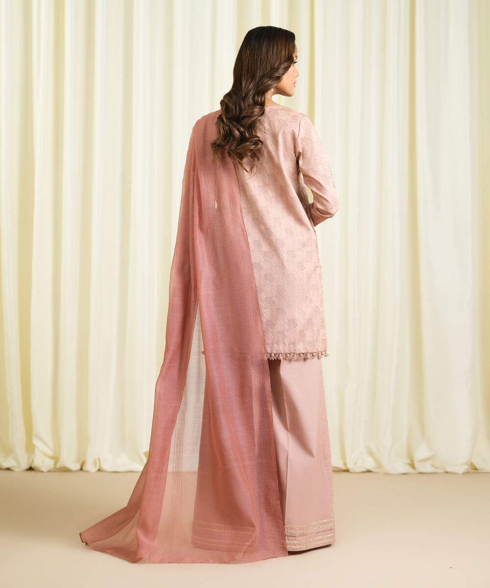 Women's Unstitched Cotton Jacquard Embroidered Pink 3 Piece Suit