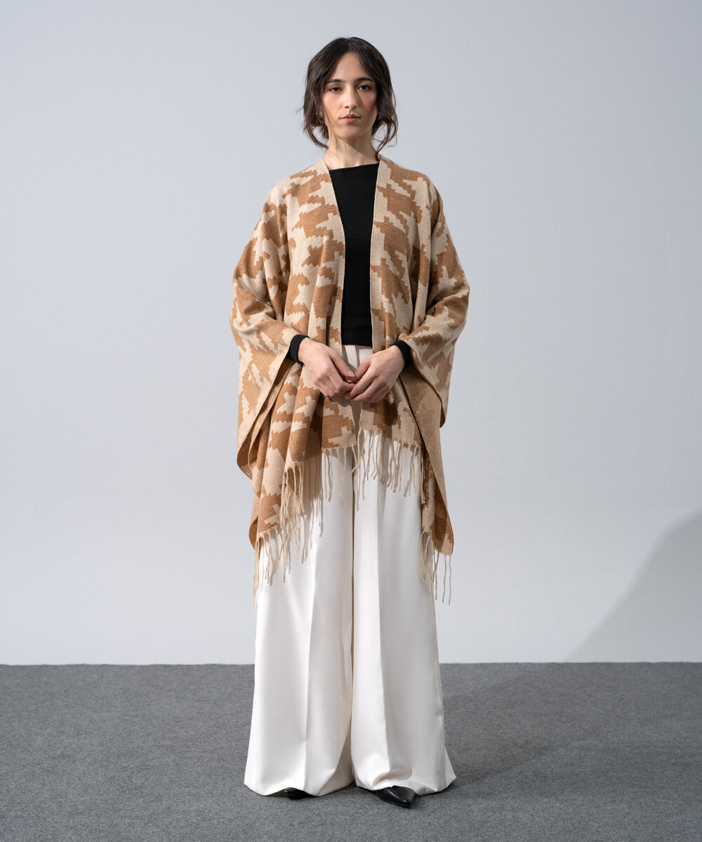 Women's Western Wear Light Brown Polyester Houndstooth Cape Shawl