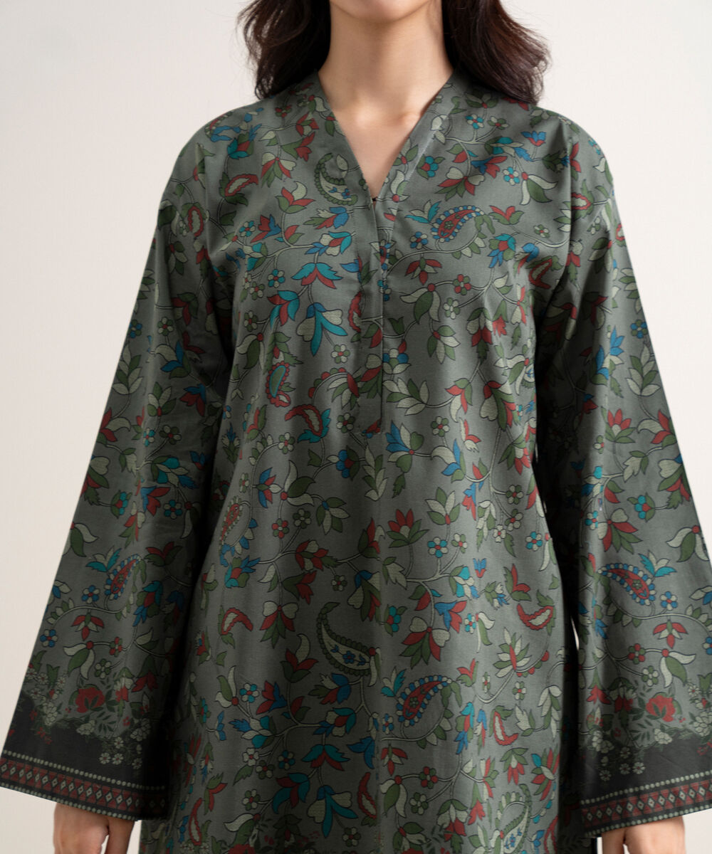 Women's Unstitched Lawn Printed Dark Grey 3 Piece Suit