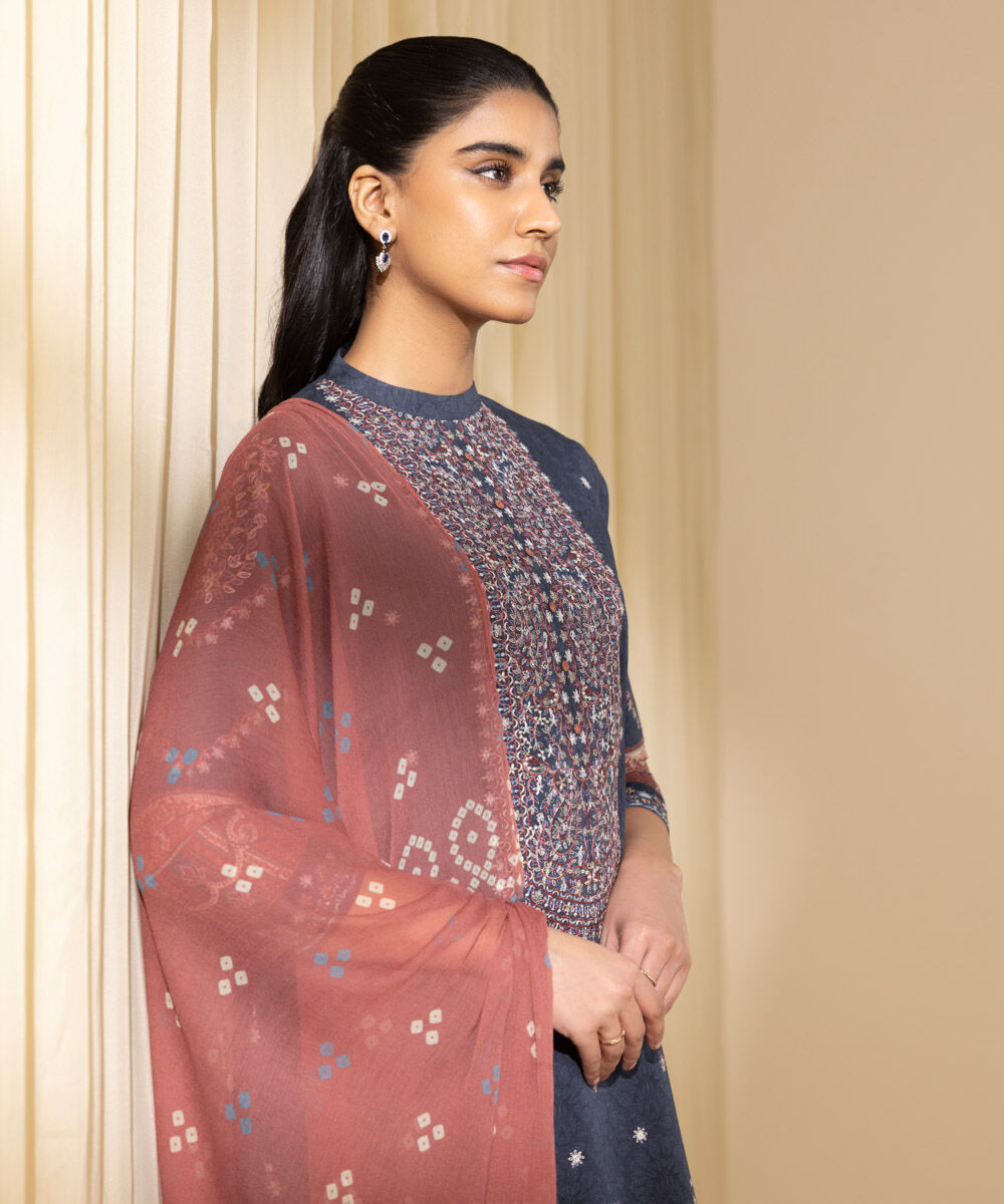 Unstitched Women's Blue Lawn Embroidered 3 Piece Suit