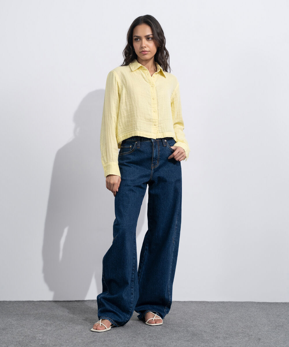 Women's Western Butter yellow Short Body Cotton Muslin Shirt