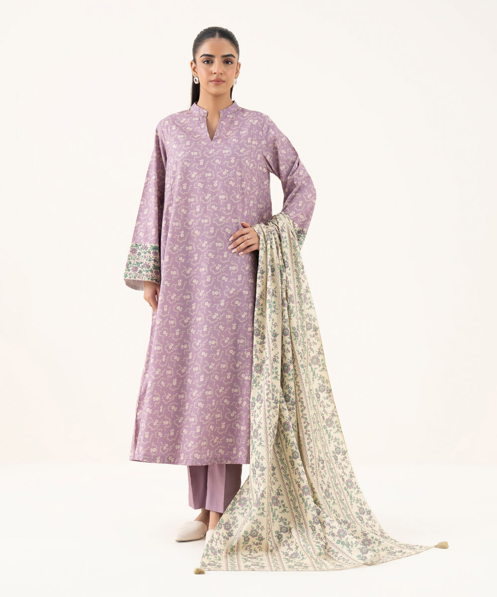 Women's Unstitched Cotton Printed Purple Three Piece Suit