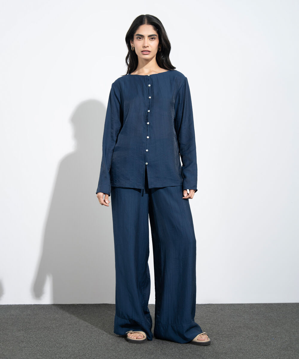 Women's Western Navy Slash Neck Textured Top