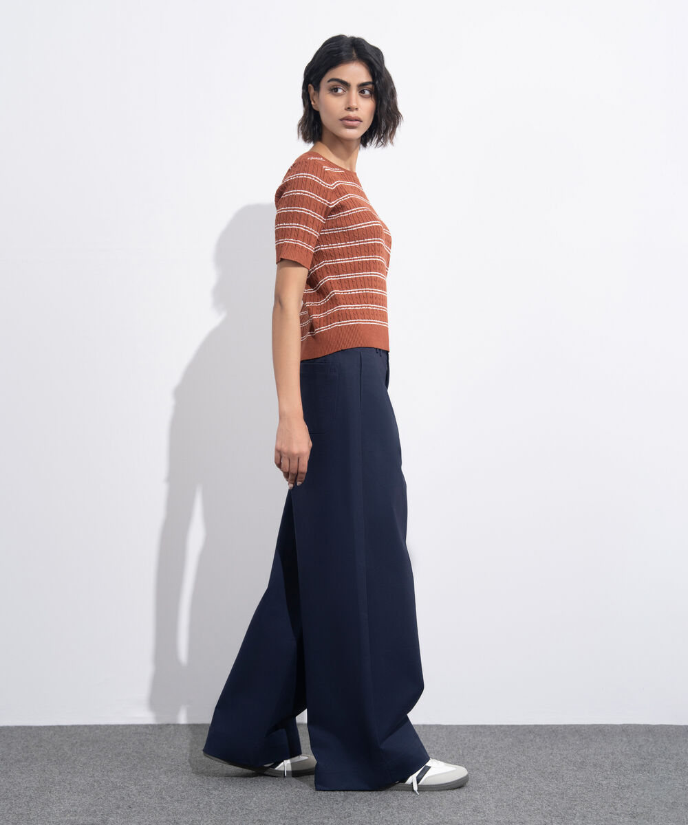 Women's Western Wear Brown Short Sleeve Striped Sweater