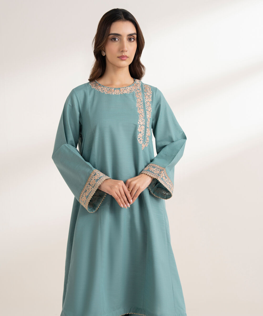 Women's RTW Zari Cotton Embroidered A-Line Blue Shirt