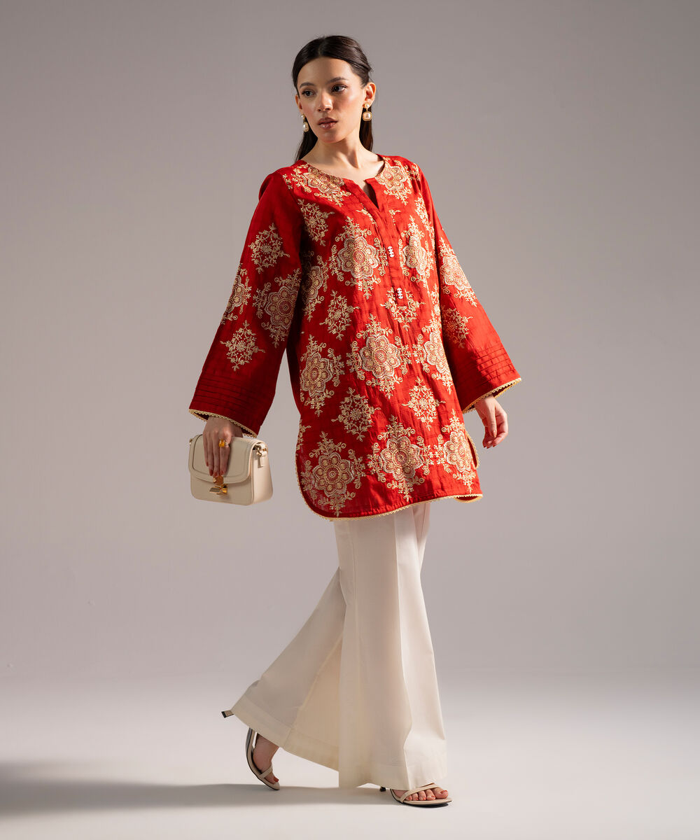 Women's RTW Dobby Embroidered Straight Rust Shirt