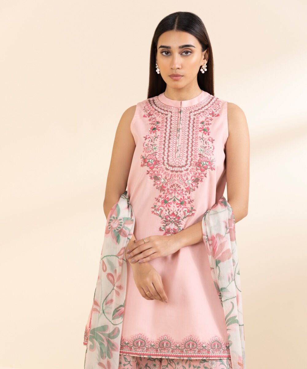 Unstitched Women's Embroidered Textured Lawn Pink Three Piece Suit