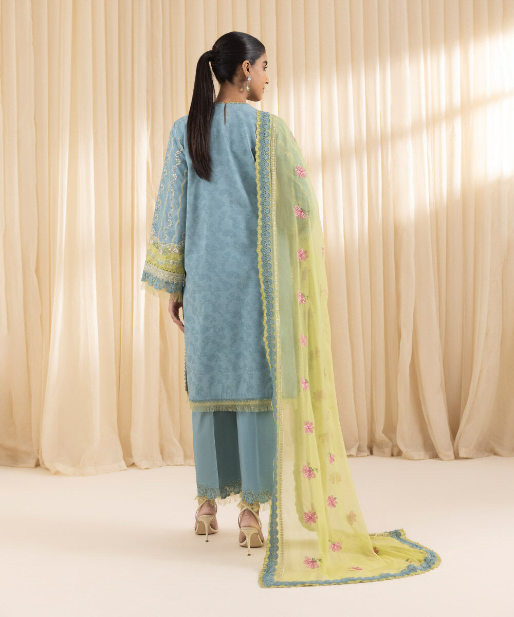 Woman - Blue 3 Piece - Embroidered Dobby Suit