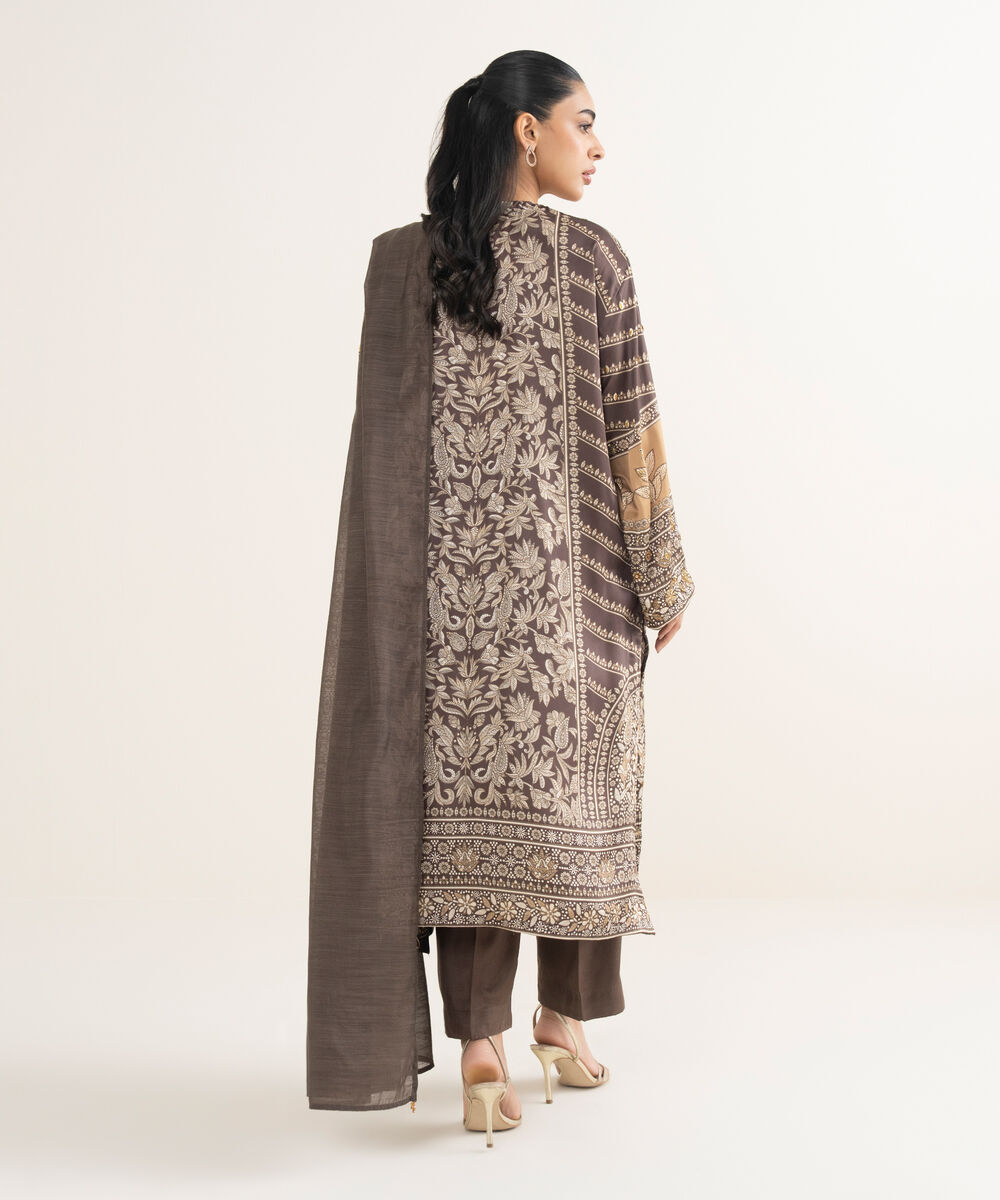 Women's RTW Blended Satin Embroidered Brown 3 Piece Suit