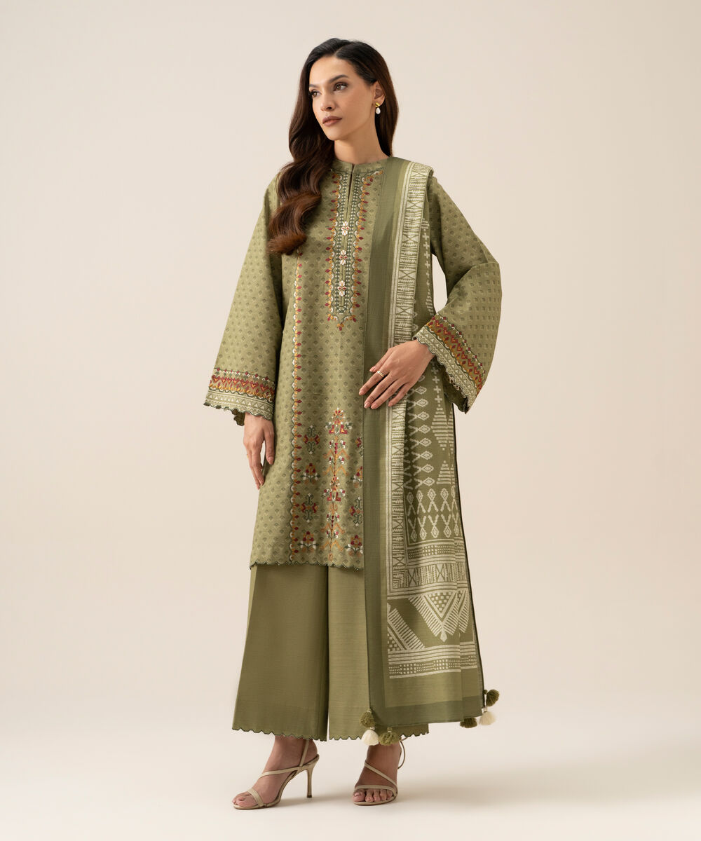 Women's Unstitched Light Khaddar Embroidered Green 3 Piece Suit