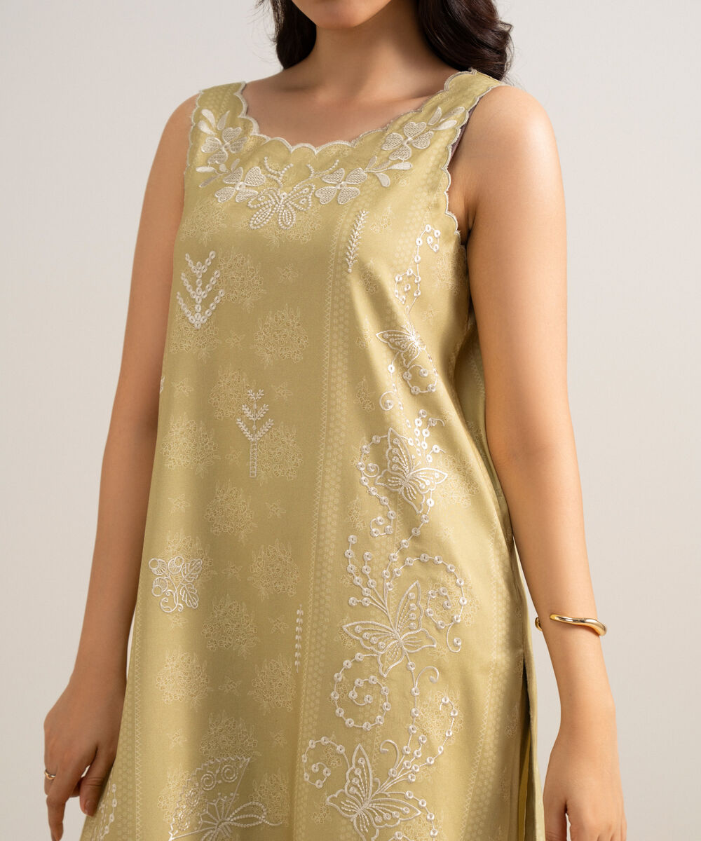 Women's Unstitched Embroidered Linen Beige 3 Piece Suit