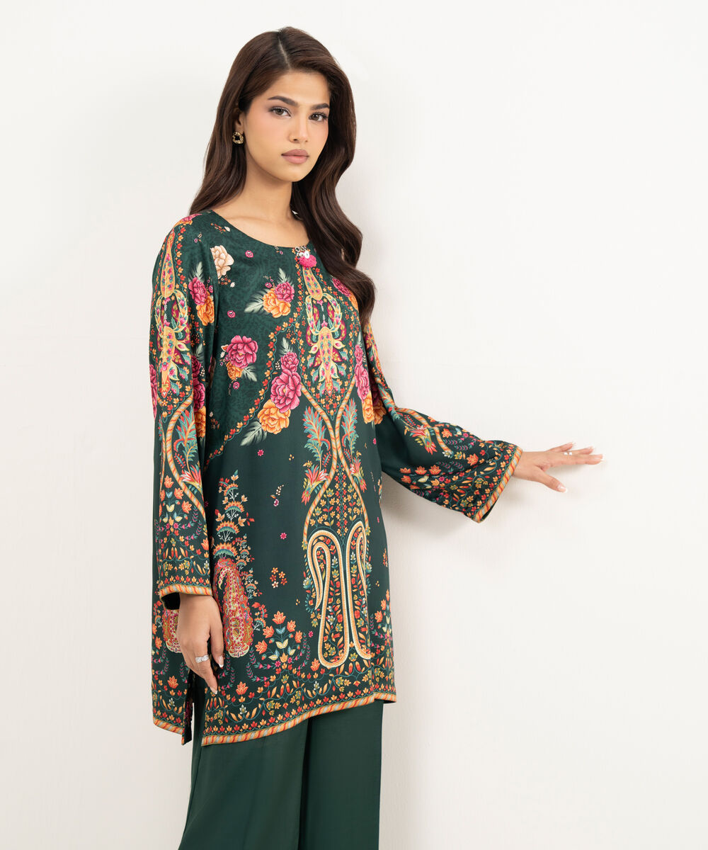 Women's RTW Premium Visocose Satin Printed Dark Green 2 Piece Suit