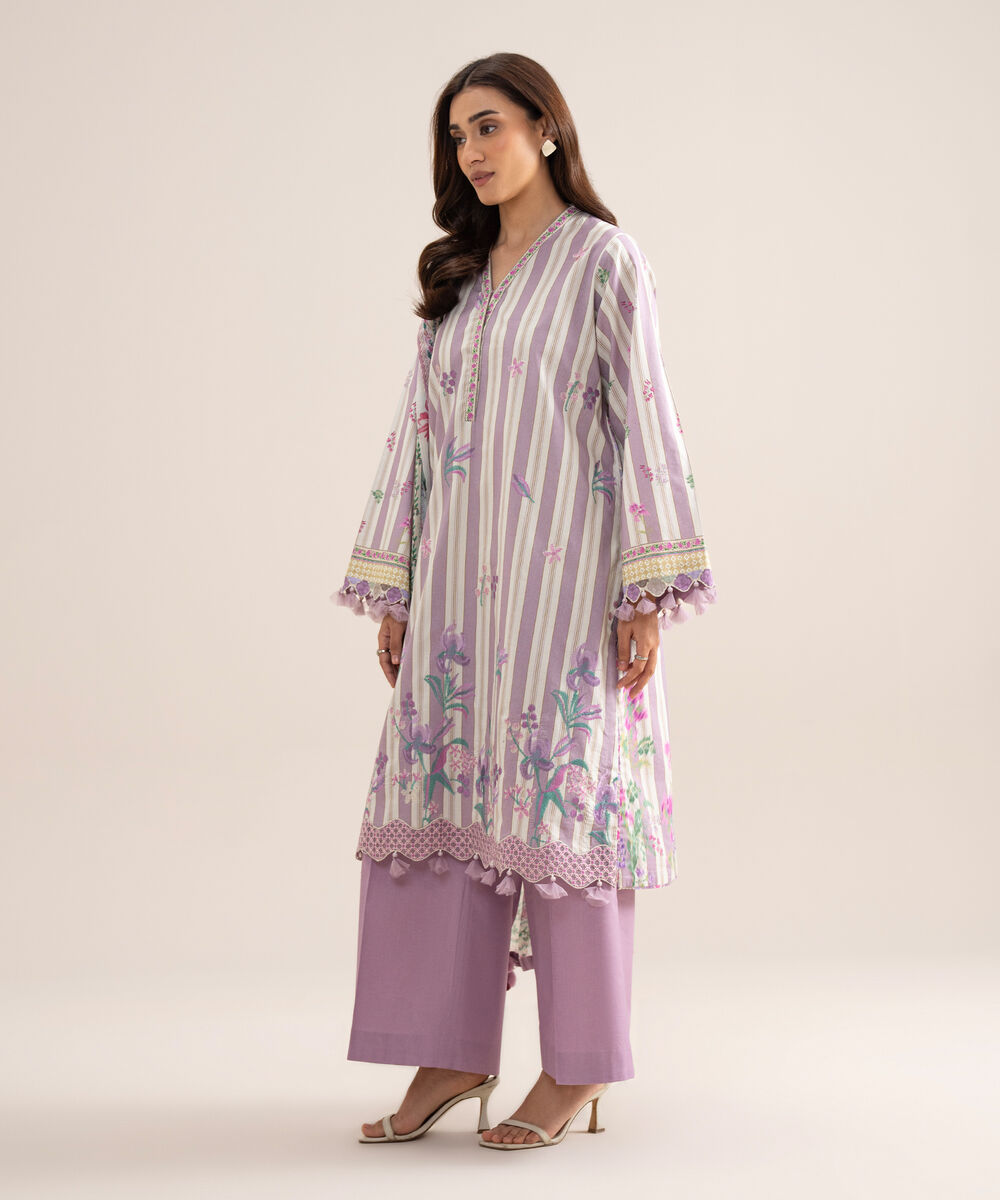Women's Unstitched Lawn Embroidered Off White & Lilac  3 Piece Suit