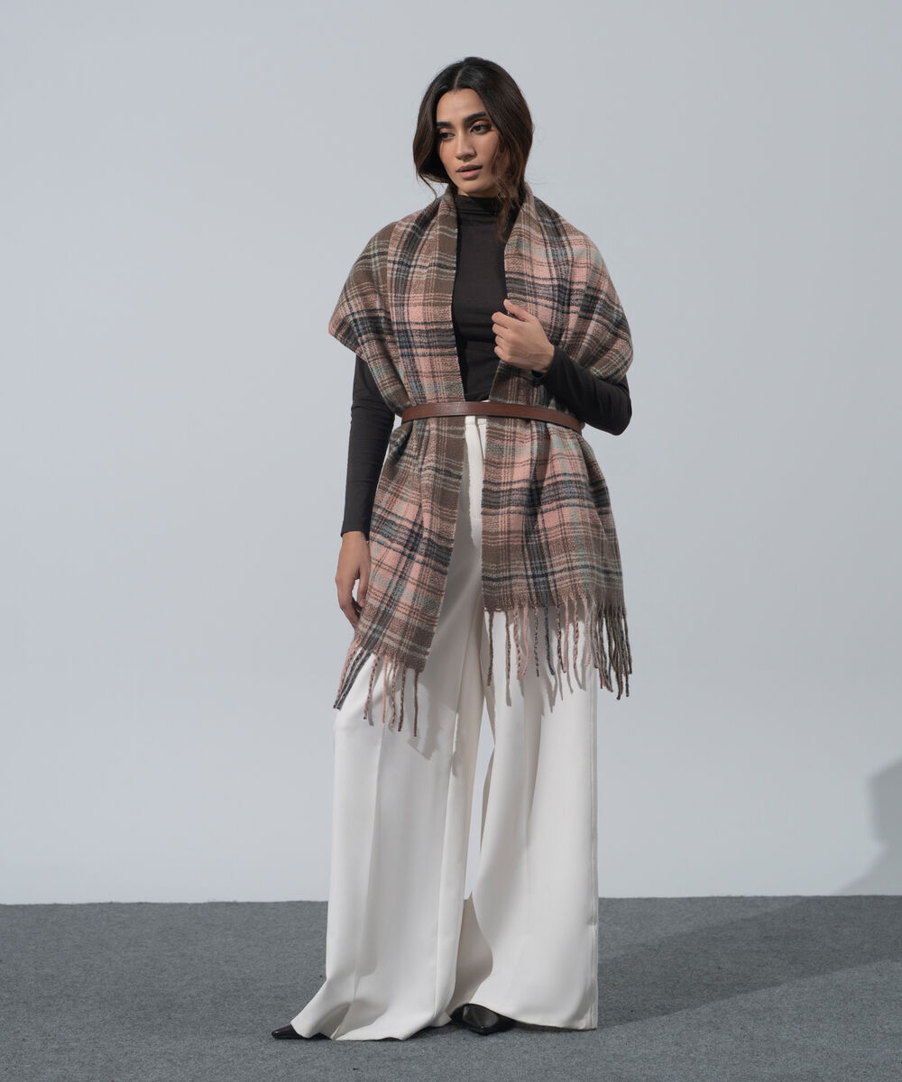 Women's Western Wear Light Pink Polyester Checkered Woolen Scarf