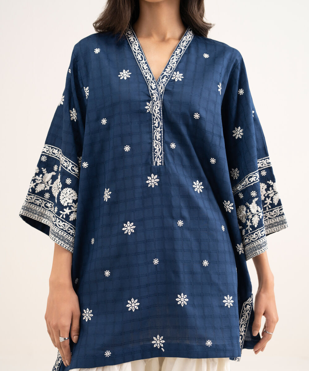 Women's RTW Dobby Embroidered Blue Boxy Shirt