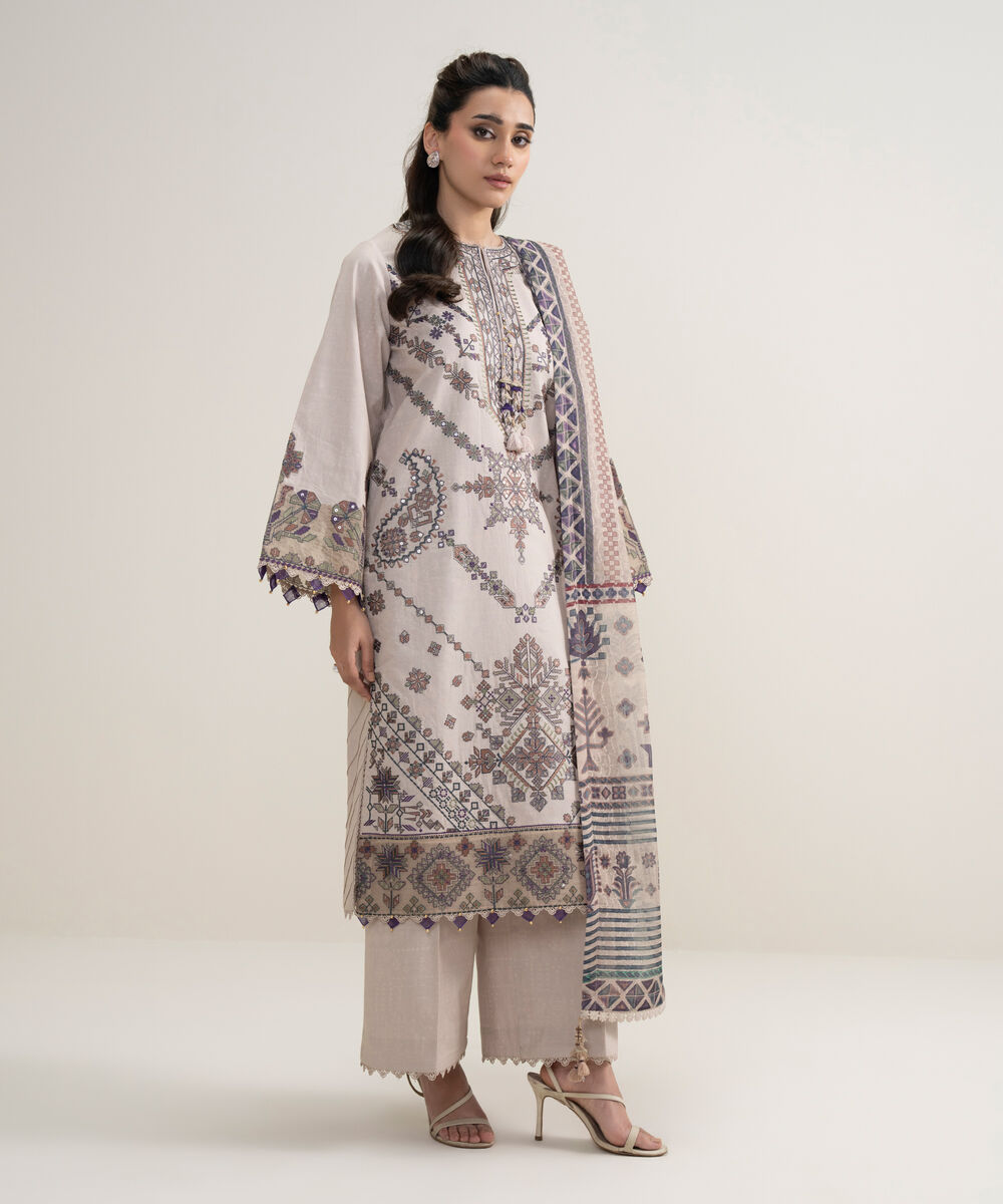 Women's Unstitched Lawn Embroidered Pink 3 Piece Suit