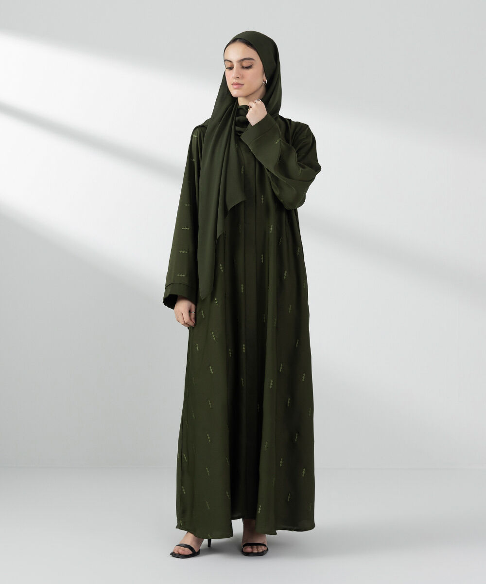 Woman - Green Embroidered Button Through Abaya Set