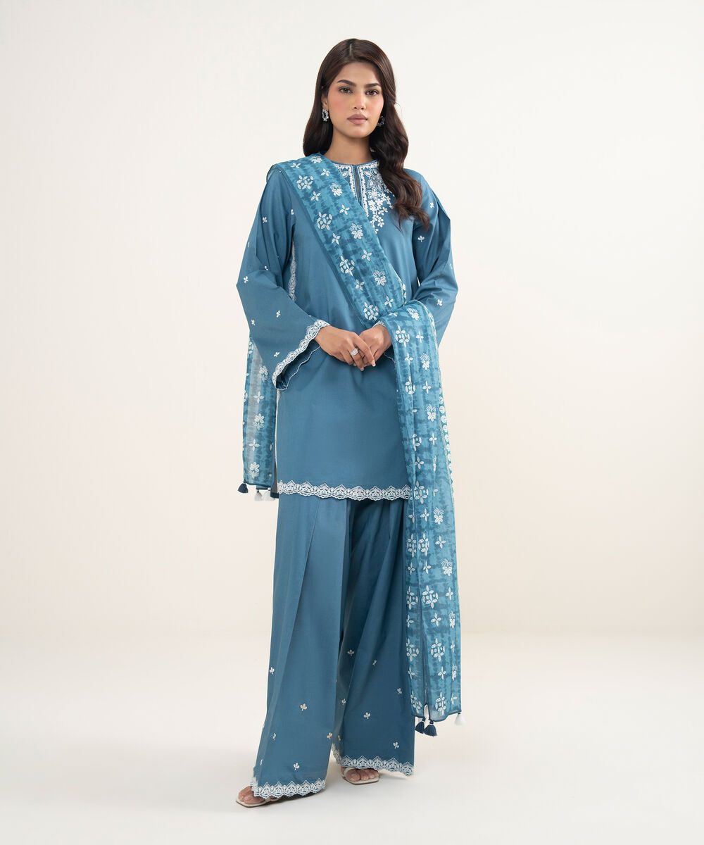 Women's Unstitched Lawn Embroidered Bllue 3 Piece Suit