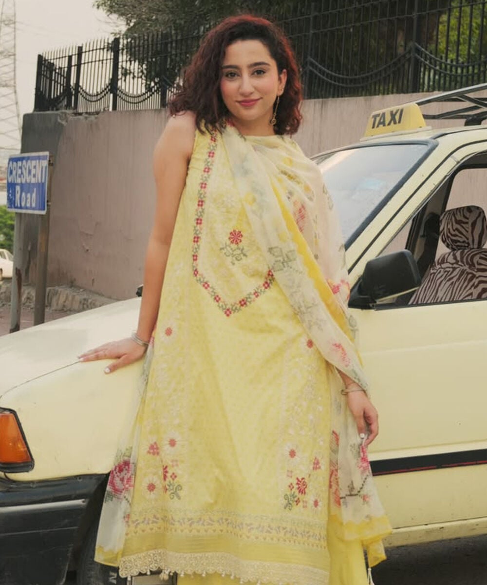 Women's Unstitched Lawn Embroidered Yellow  3 Piece Suit