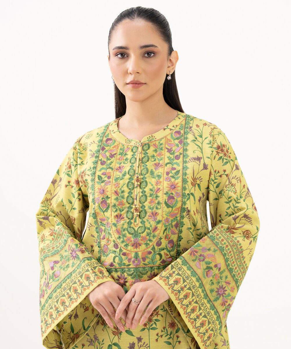 Women's Unstitched Khaddar Embroidered Yellow 2 Piece Suit