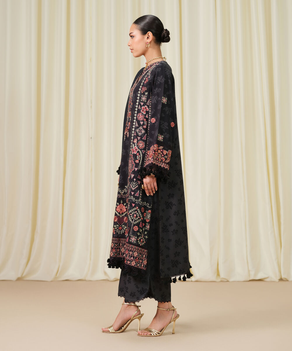 Women's Unstitched Embroidered Twill Grey and Black 3 Piece Suit