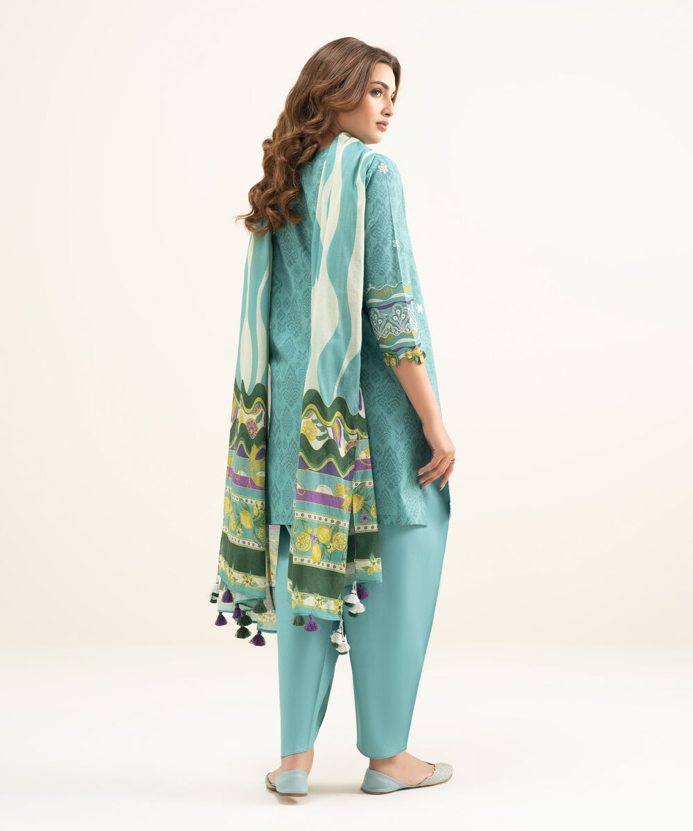 Women's Unstitched Lawn Blue Embroidered 3 Piece Suit