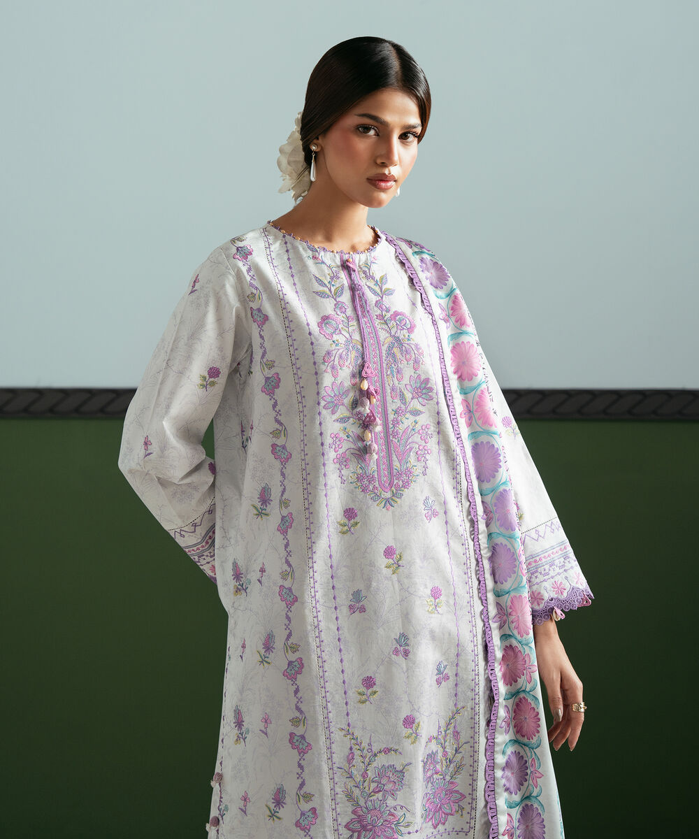 Women's Unstitched Lawn Embroidered Purple 3 Piece Suit