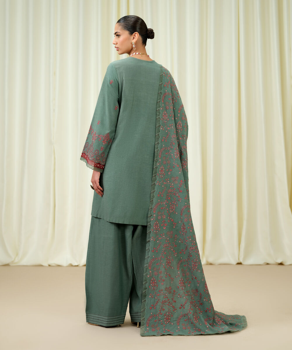 Women's Unstitched Viscose Karandi Embroidered Green 3 Piece Suit