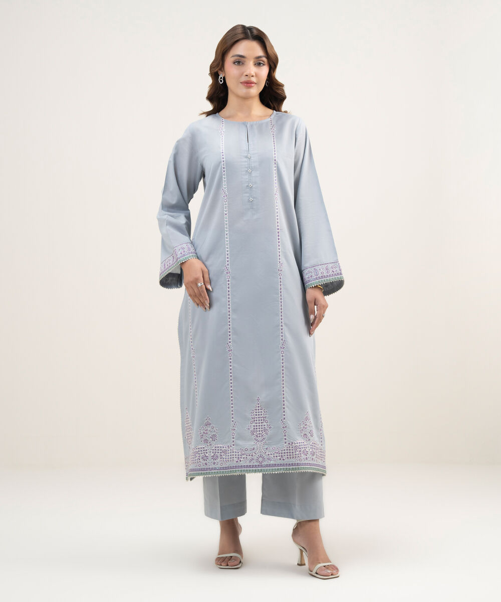Women's RTW Zari Lawn Embroidered Grey A-Line Shirt