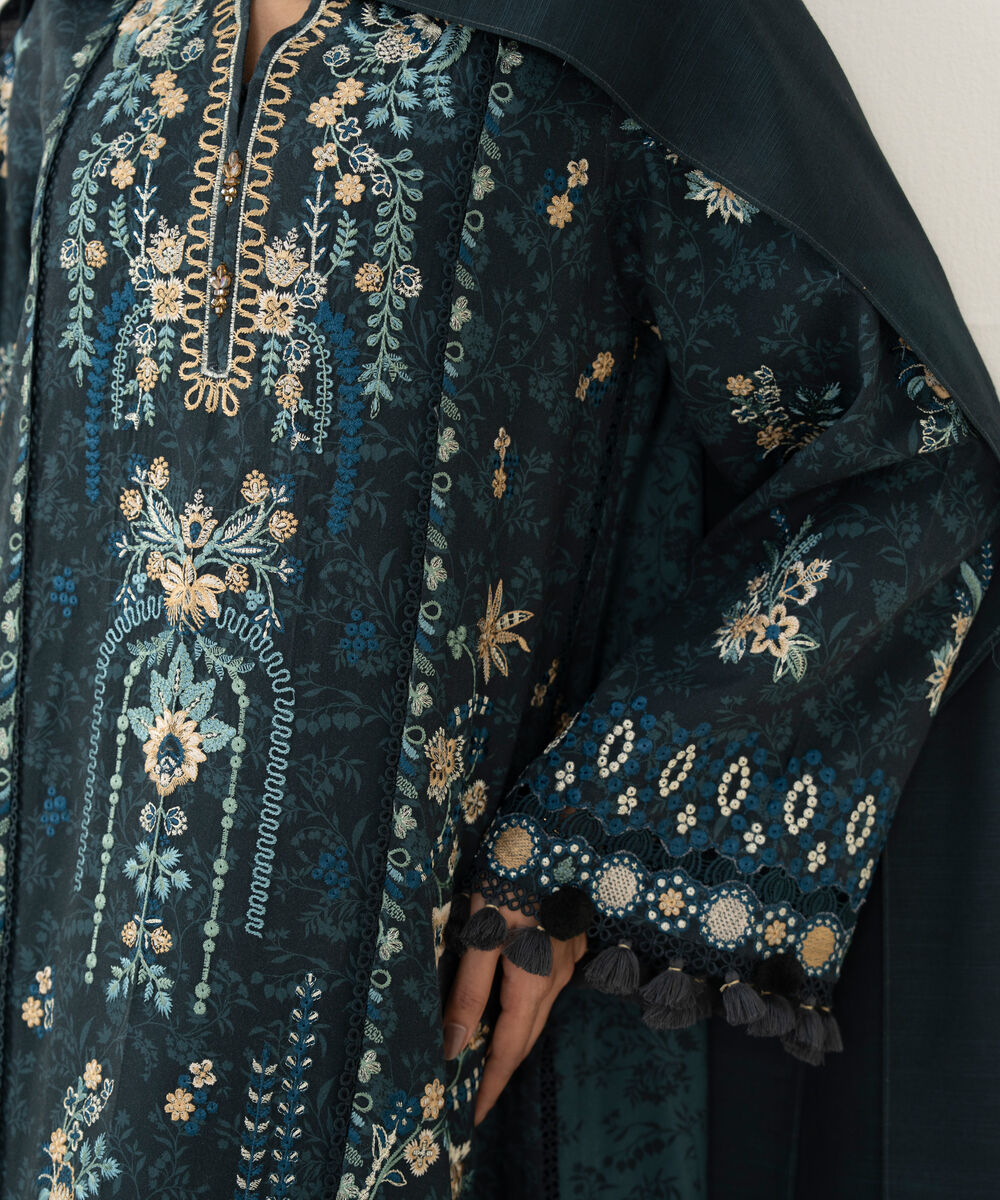 Women's Unstitched Embroidered Twill Teal Green 3 Piece Suit