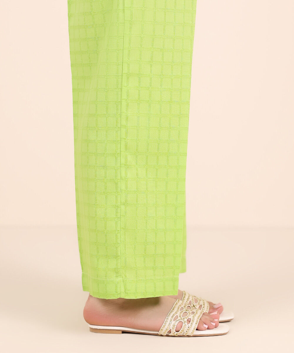 Women's RTW Textured Cotton Green Solid Straight Pants