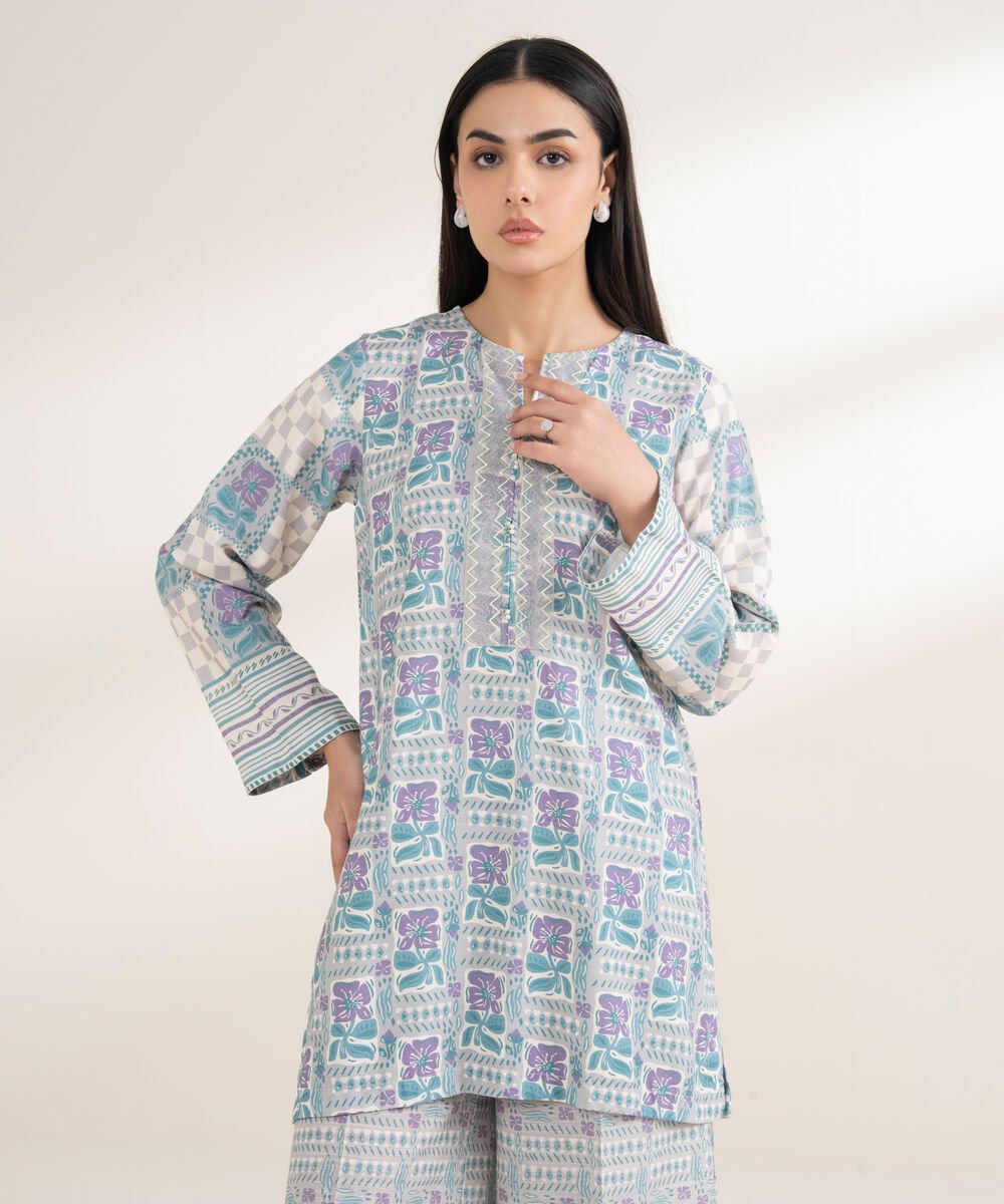 Women's RTW Arabic Khaddar Embroidered Straight Grey Shirt