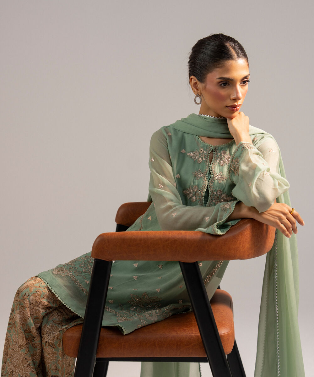 Women's RTW Chiffon Embroidered Green 3 Piece Suit